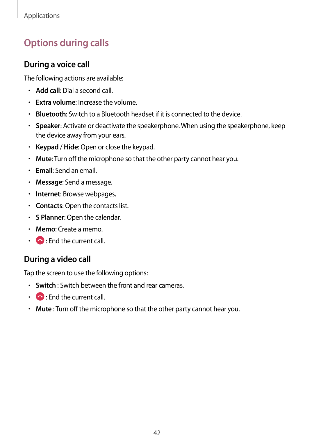 Samsung SM-J320FZDAILO, SM-J320FZKDDBT, SM-J320FZDDDBT manual Options during calls, During a voice call, During a video call 