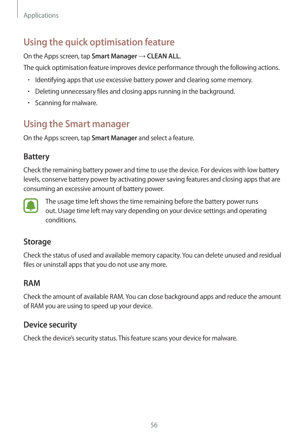 Samsung SM-J320FZDNXEF Using the quick optimisation feature, Using the Smart manager, Battery, Storage, Device security 