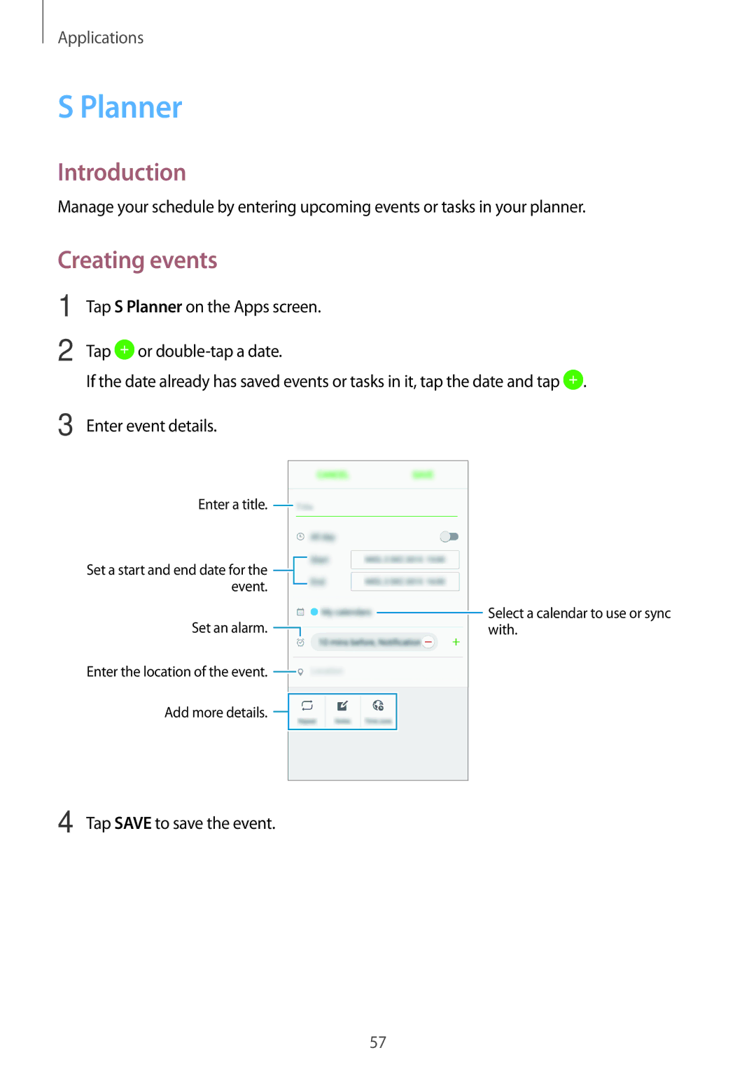 Samsung SM-J320FZWNXEF, SM-J320FZKDDBT, SM-J320FZDDDBT, SM-J320FZWDDBT, SM-J320FZDNXEF manual Planner, Creating events 