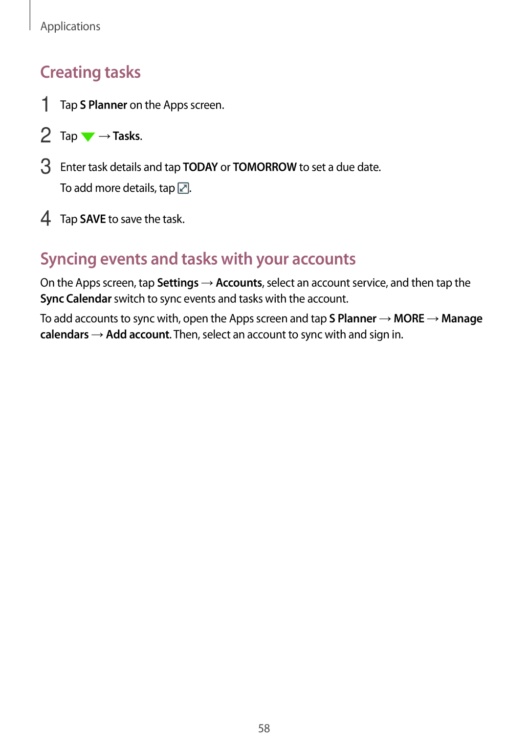 Samsung SM-J320FZKNXEF, SM-J320FZKDDBT, SM-J320FZDDDBT manual Creating tasks, Syncing events and tasks with your accounts 