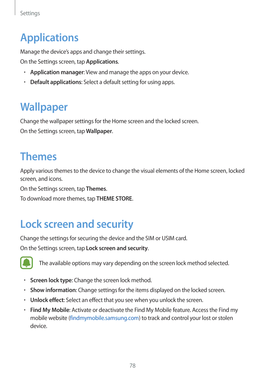 Samsung SM-J320FZDNSEE, SM-J320FZKDDBT, SM-J320FZDDDBT manual Applications, Wallpaper, Themes, Lock screen and security 