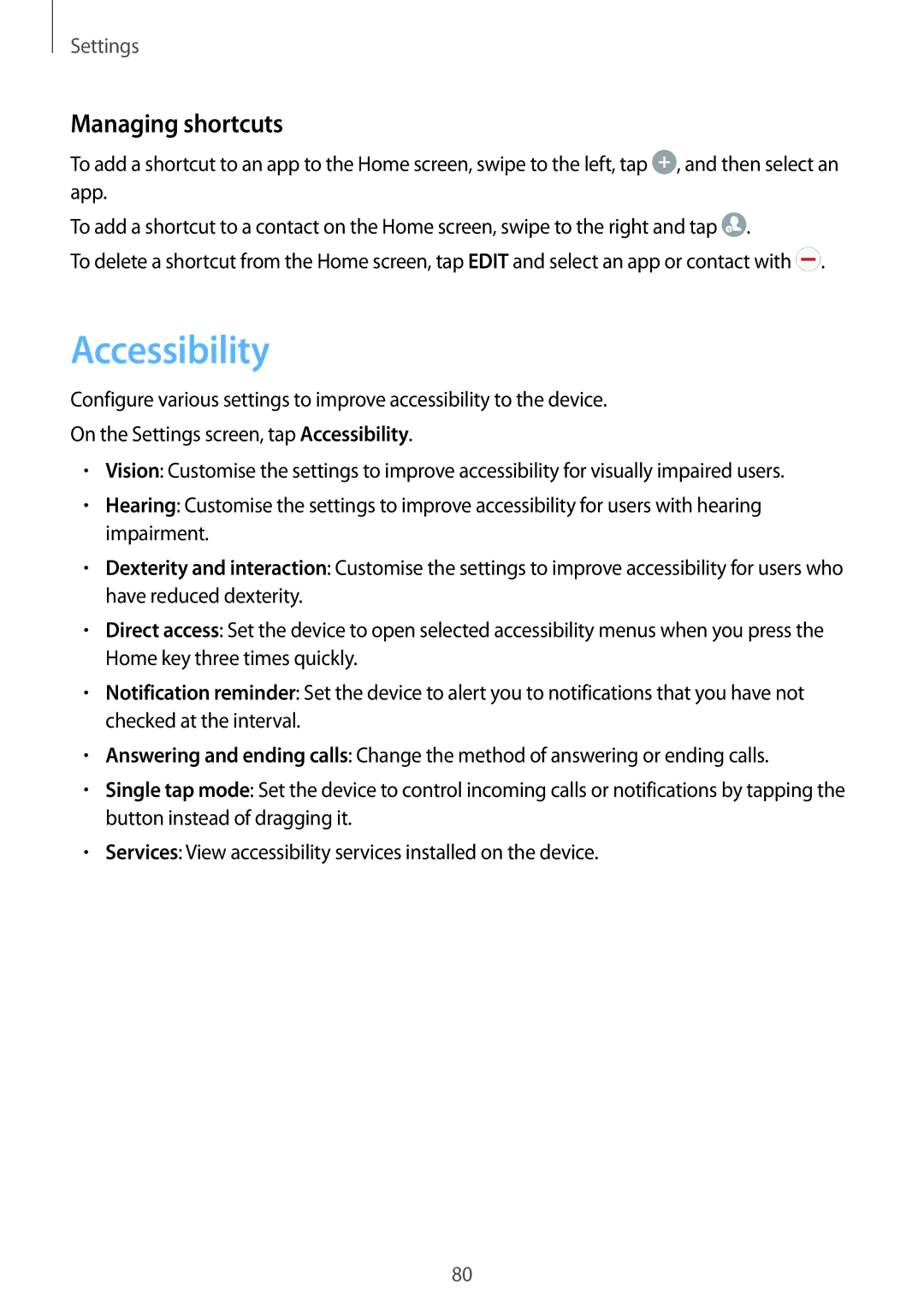 Samsung SM-J320FZWNSEE, SM-J320FZKDDBT, SM-J320FZDDDBT, SM-J320FZWDDBT, SM-J320FZDNXEF manual Accessibility, Managing shortcuts 