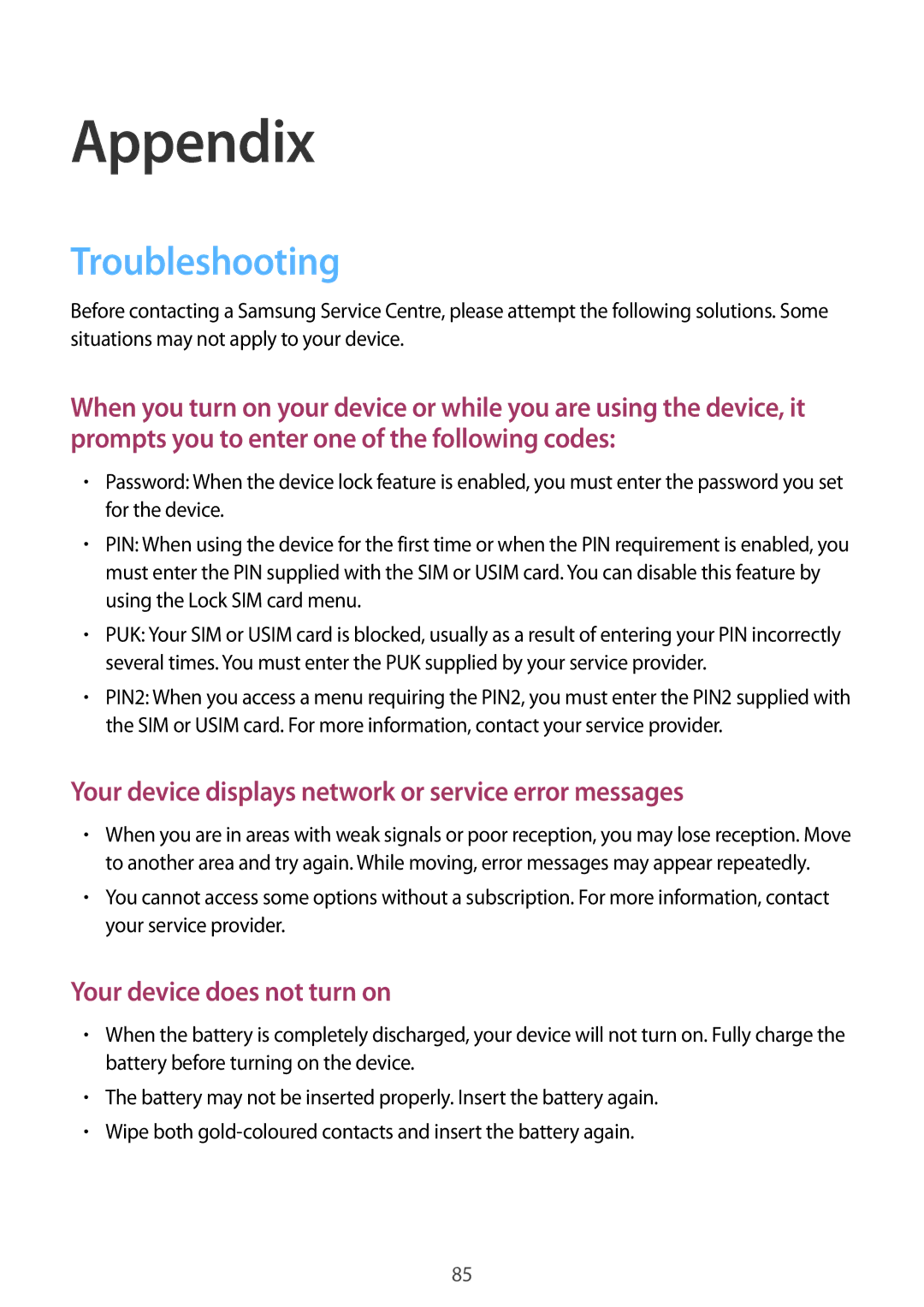 Samsung SM-J320FZDNNEE, SM-J320FZKDDBT, SM-J320FZDDDBT, SM-J320FZWDDBT, SM-J320FZDNXEF manual Appendix, Troubleshooting 