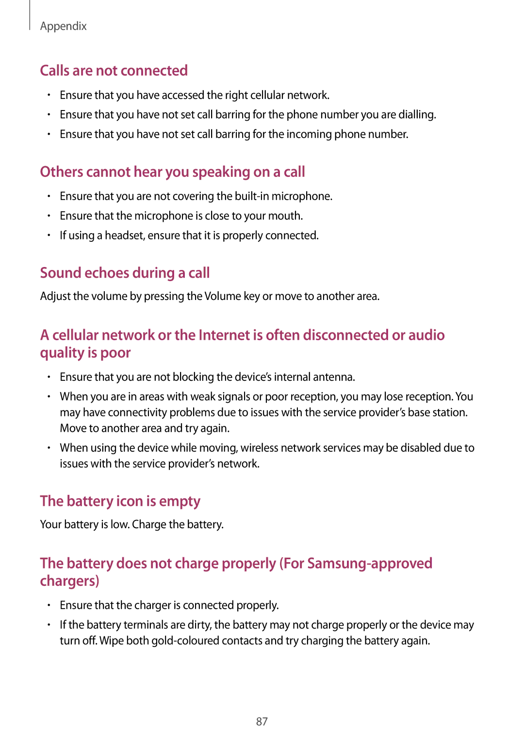 Samsung SM-J320FZDNSEB, SM-J320FZKDDBT, SM-J320FZDDDBT, SM-J320FZWDDBT, SM-J320FZDNXEF manual Sound echoes during a call 