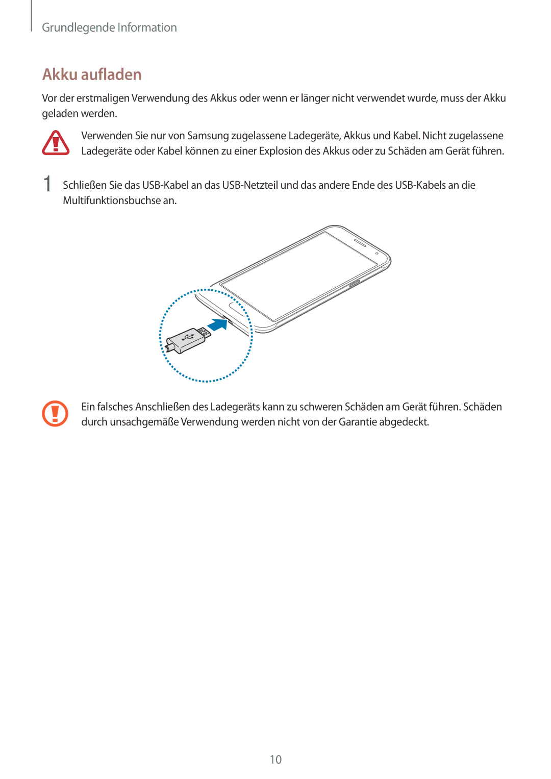 Samsung SM-J320FZDDDBT, SM-J320FZKDDBT, SM-J320FZWDDBT manual Akku aufladen 