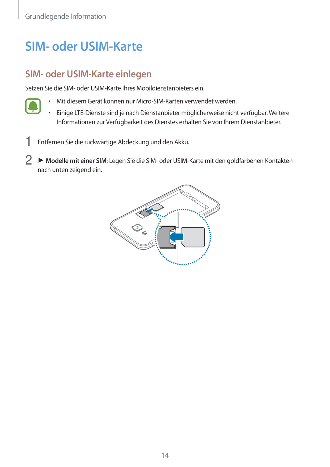 Samsung SM-J320FZWDDBT, SM-J320FZKDDBT, SM-J320FZDDDBT manual SIM- oder USIM-Karte einlegen 