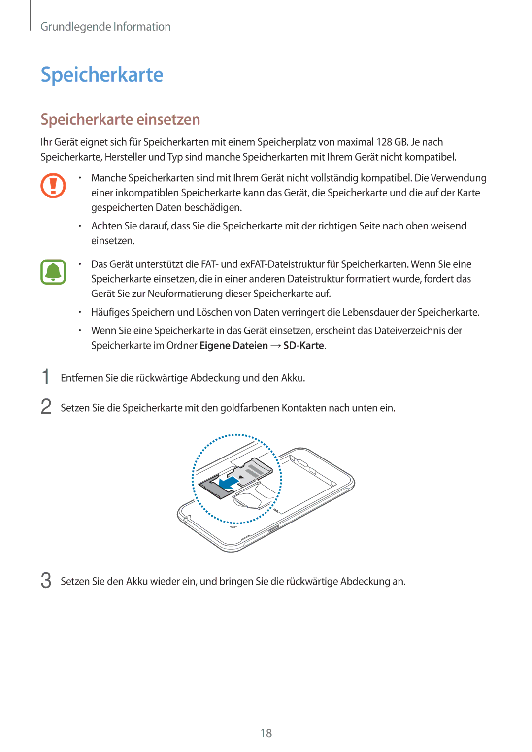 Samsung SM-J320FZKDDBT, SM-J320FZDDDBT, SM-J320FZWDDBT manual Speicherkarte einsetzen 