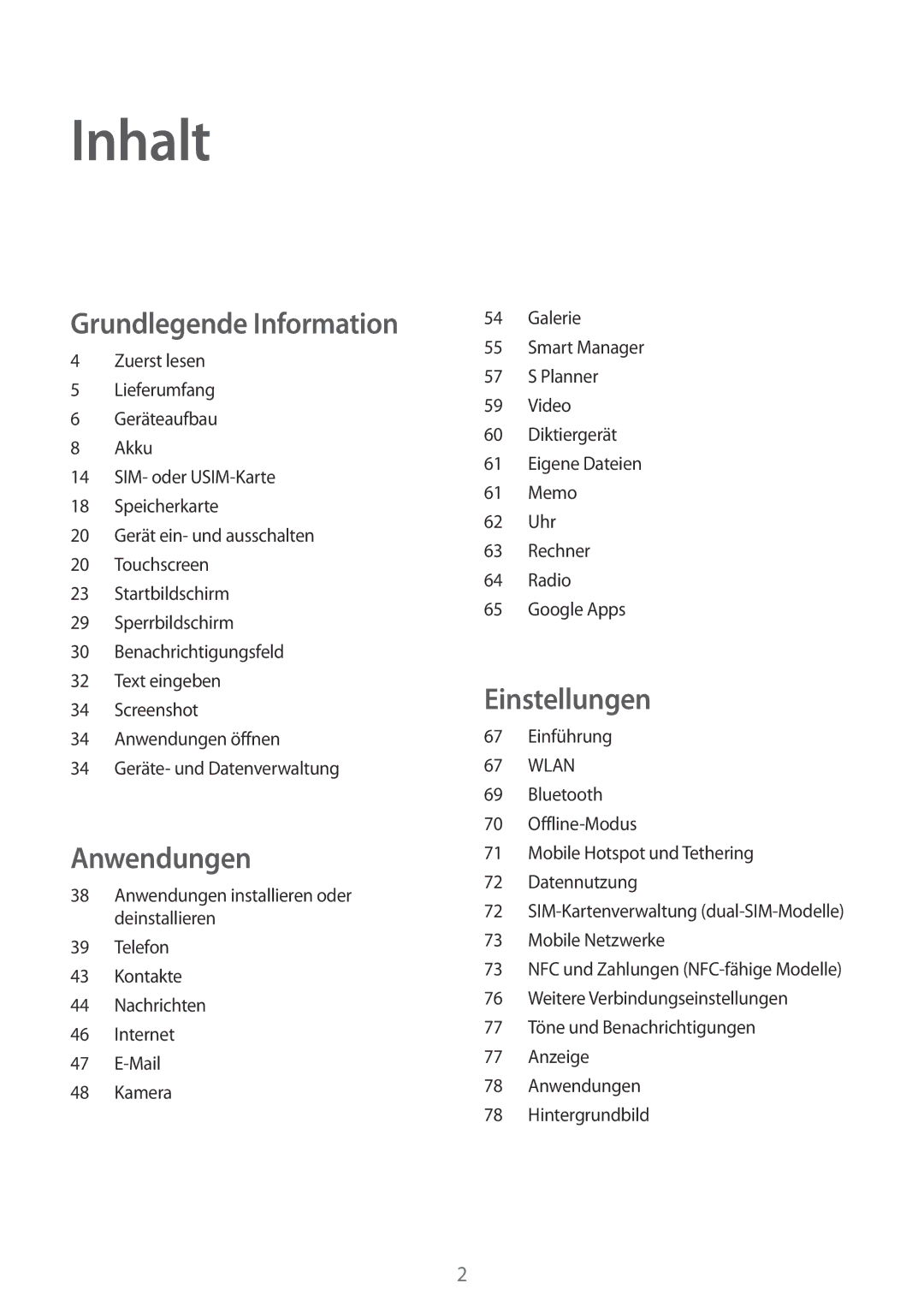 Samsung SM-J320FZWDDBT, SM-J320FZKDDBT, SM-J320FZDDDBT manual Inhalt 