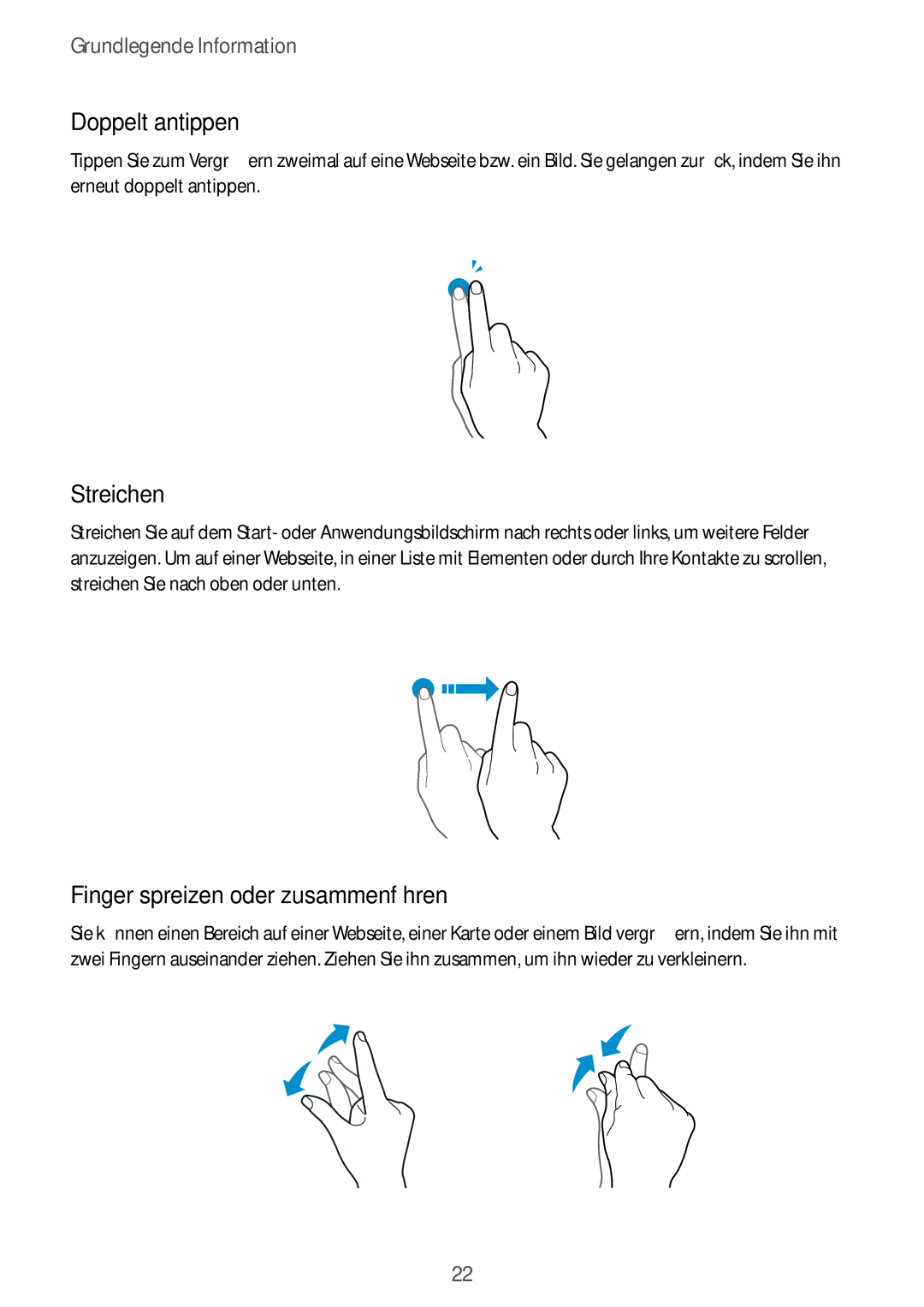 Samsung SM-J320FZDDDBT, SM-J320FZKDDBT, SM-J320FZWDDBT Doppelt antippen, Streichen, Finger spreizen oder zusammenführen 