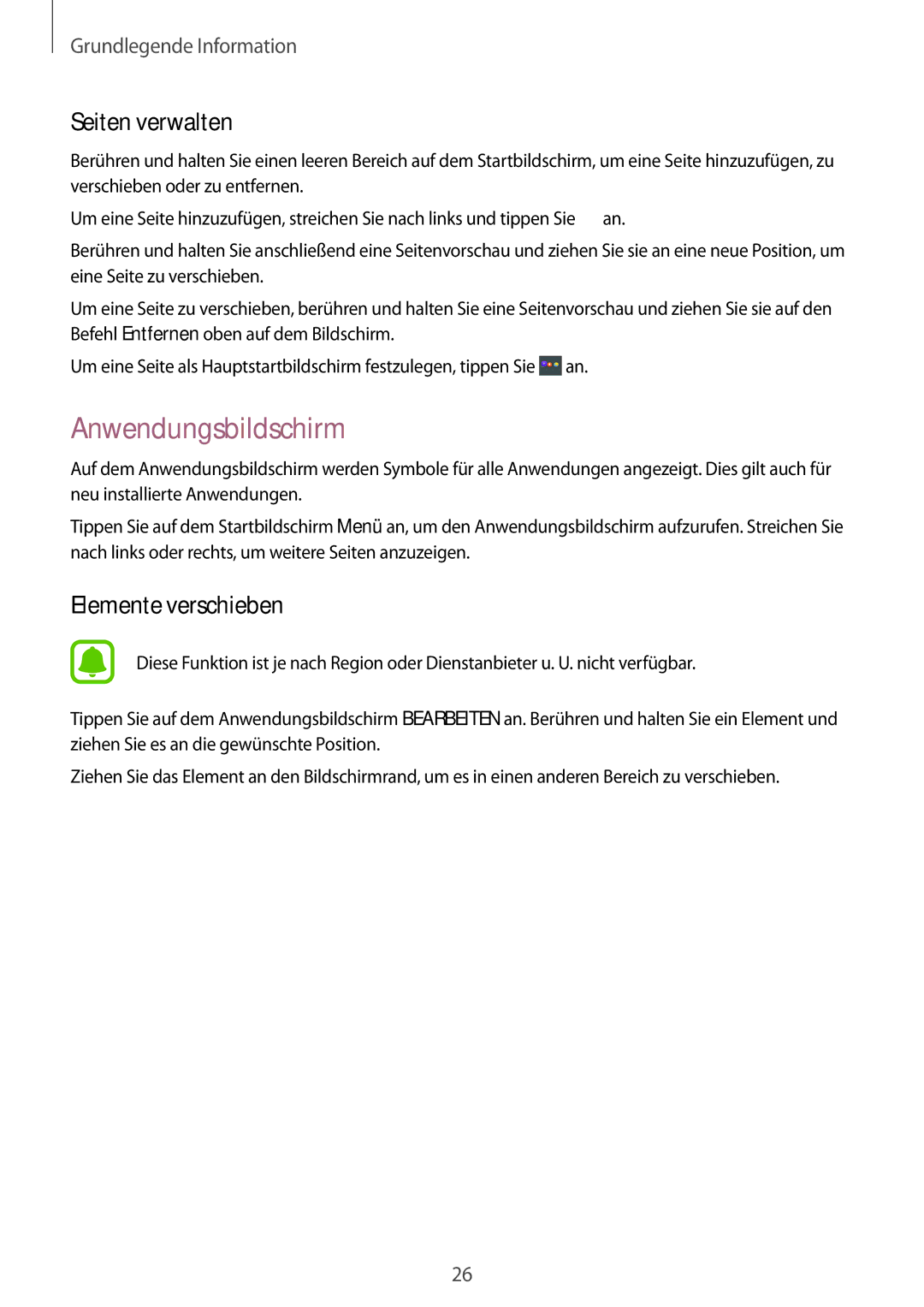 Samsung SM-J320FZWDDBT, SM-J320FZKDDBT, SM-J320FZDDDBT manual Anwendungsbildschirm, Seiten verwalten, Elemente verschieben 