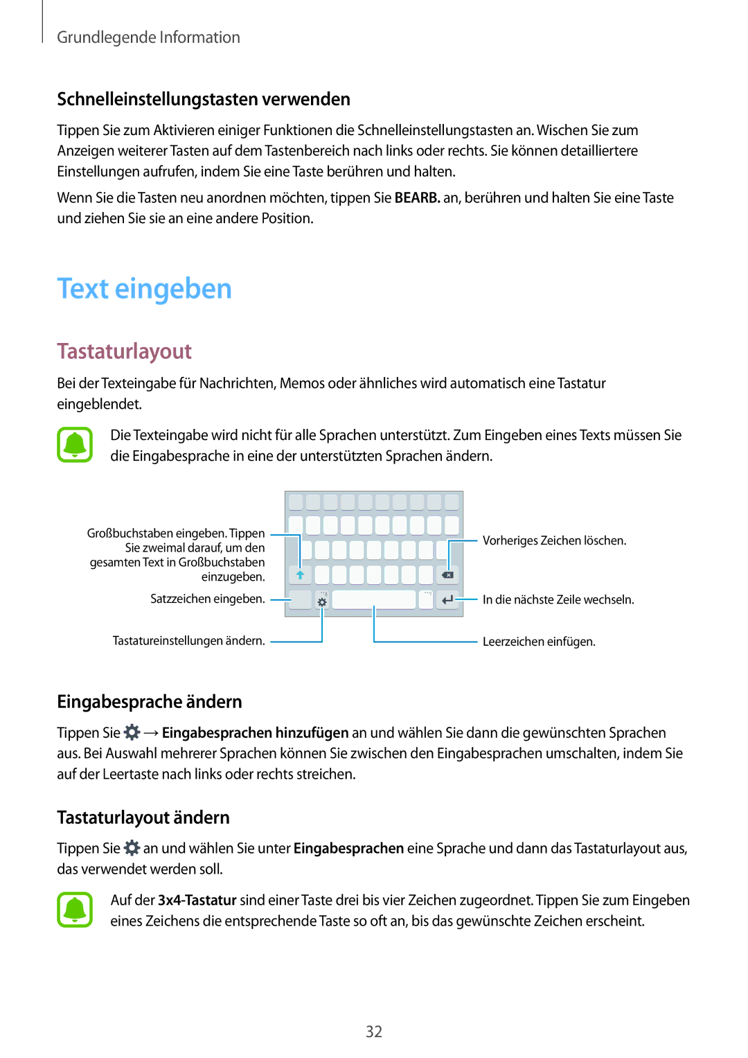 Samsung SM-J320FZWDDBT manual Text eingeben, Tastaturlayout, Schnelleinstellungstasten verwenden, Eingabesprache ändern 