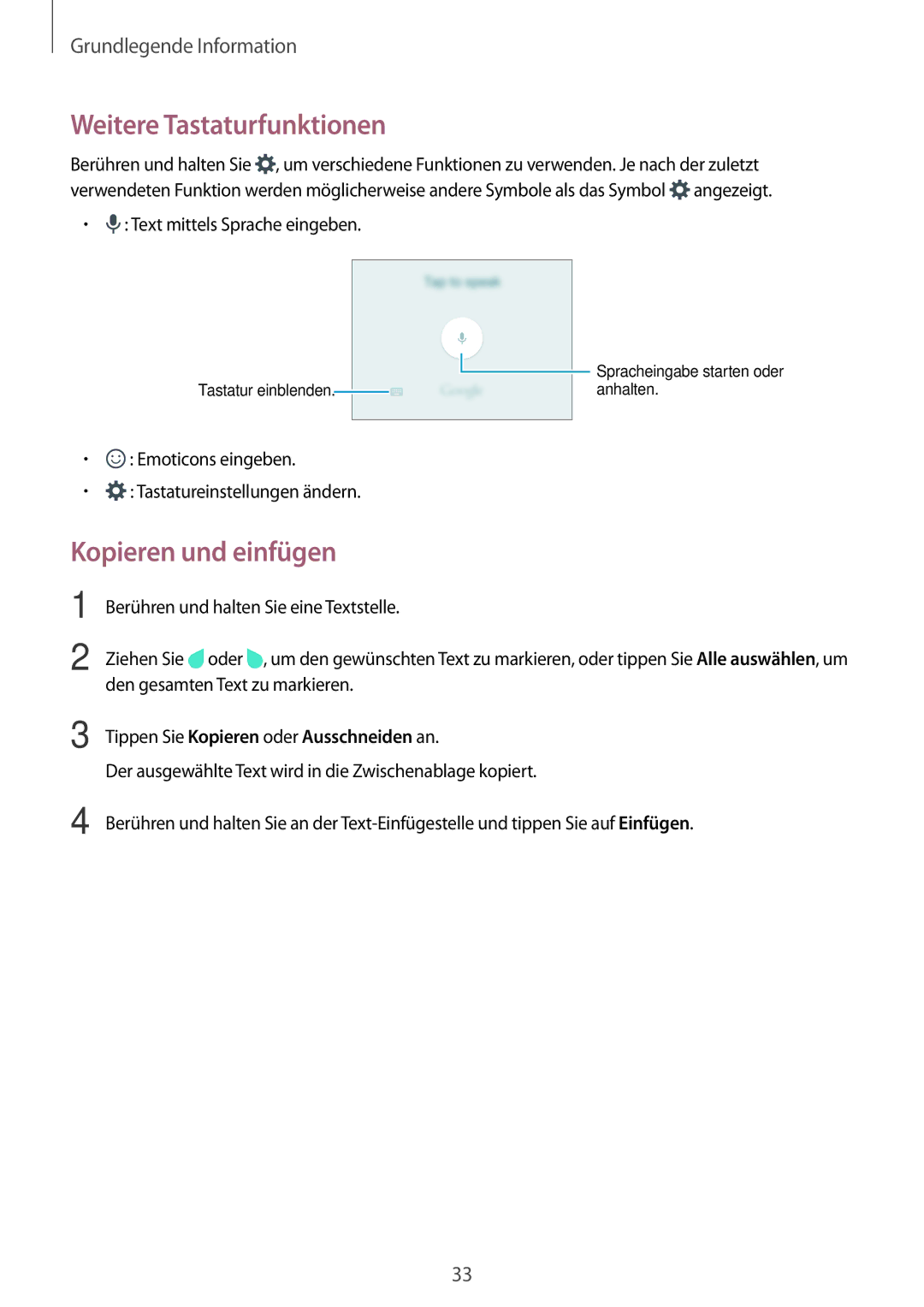 Samsung SM-J320FZKDDBT, SM-J320FZDDDBT, SM-J320FZWDDBT manual Weitere Tastaturfunktionen, Kopieren und einfügen 