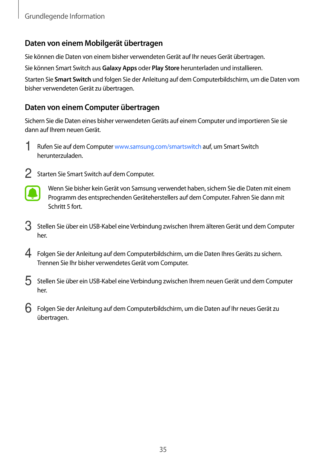 Samsung SM-J320FZWDDBT, SM-J320FZKDDBT manual Daten von einem Mobilgerät übertragen, Daten von einem Computer übertragen 