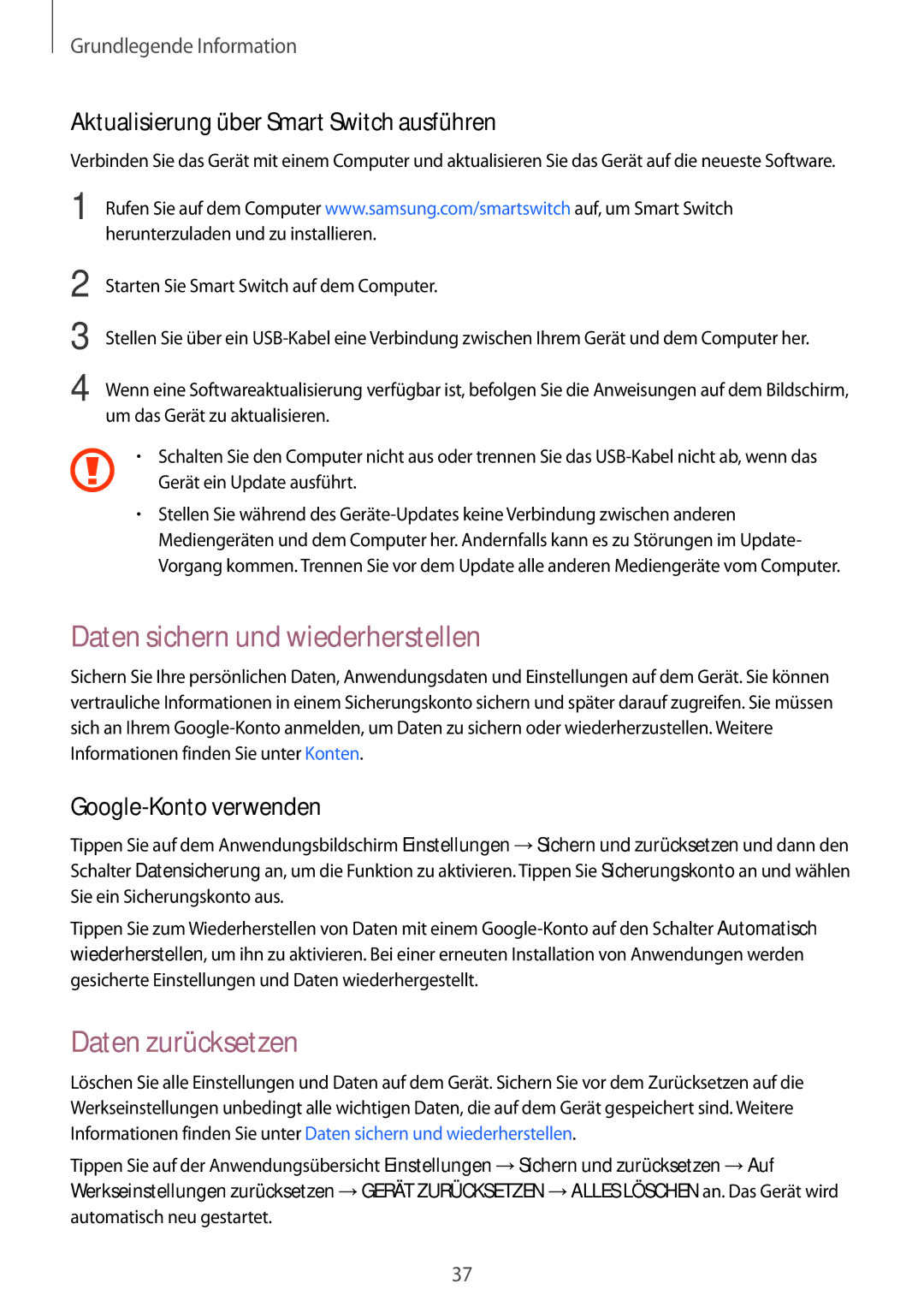 Samsung SM-J320FZDDDBT Daten sichern und wiederherstellen, Daten zurücksetzen, Aktualisierung über Smart Switch ausführen 