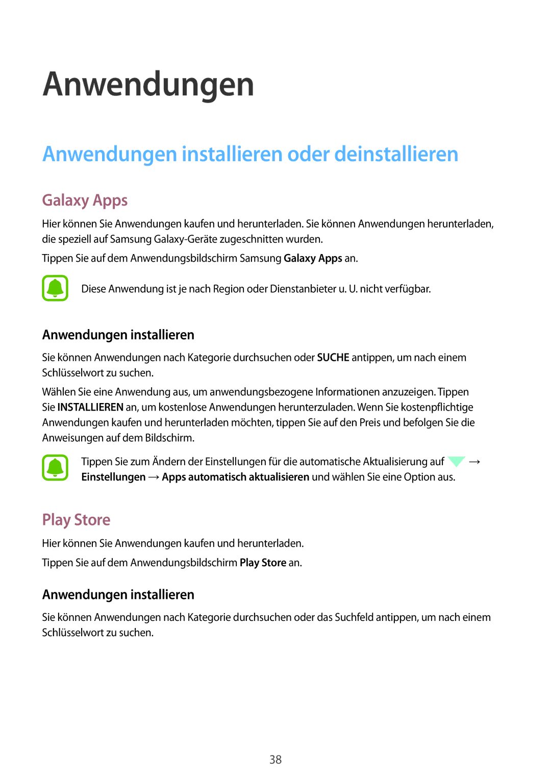 Samsung SM-J320FZWDDBT, SM-J320FZKDDBT manual Anwendungen installieren oder deinstallieren, Galaxy Apps, Play Store 