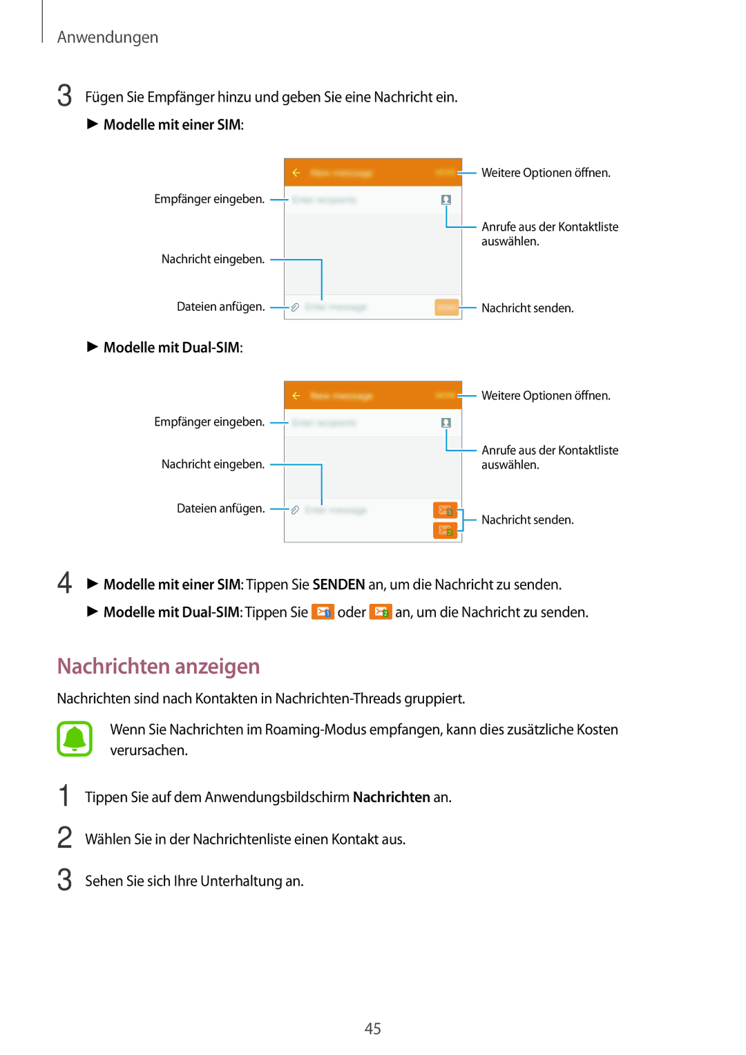 Samsung SM-J320FZKDDBT, SM-J320FZDDDBT, SM-J320FZWDDBT manual Nachrichten anzeigen 