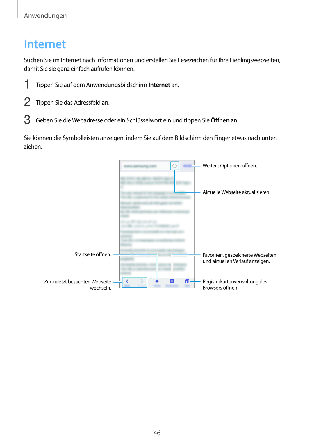 Samsung SM-J320FZDDDBT, SM-J320FZKDDBT, SM-J320FZWDDBT manual Internet, Startseite öffnen 