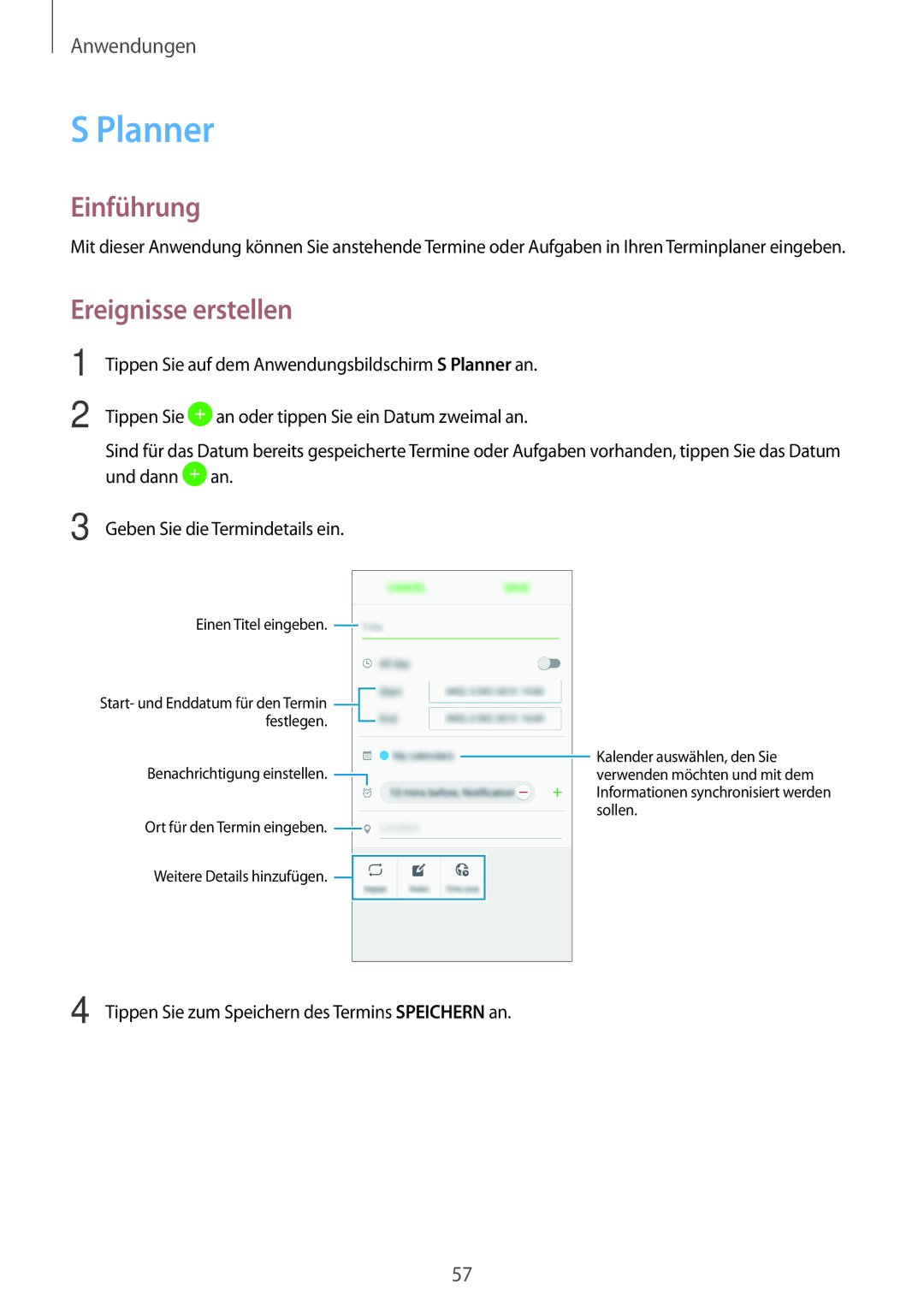 Samsung SM-J320FZKDDBT, SM-J320FZDDDBT, SM-J320FZWDDBT manual Planner, Ereignisse erstellen 