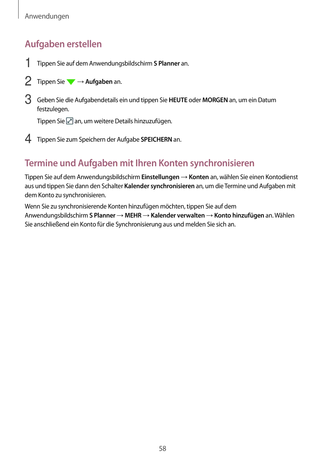 Samsung SM-J320FZDDDBT, SM-J320FZKDDBT manual Aufgaben erstellen, Termine und Aufgaben mit Ihren Konten synchronisieren 