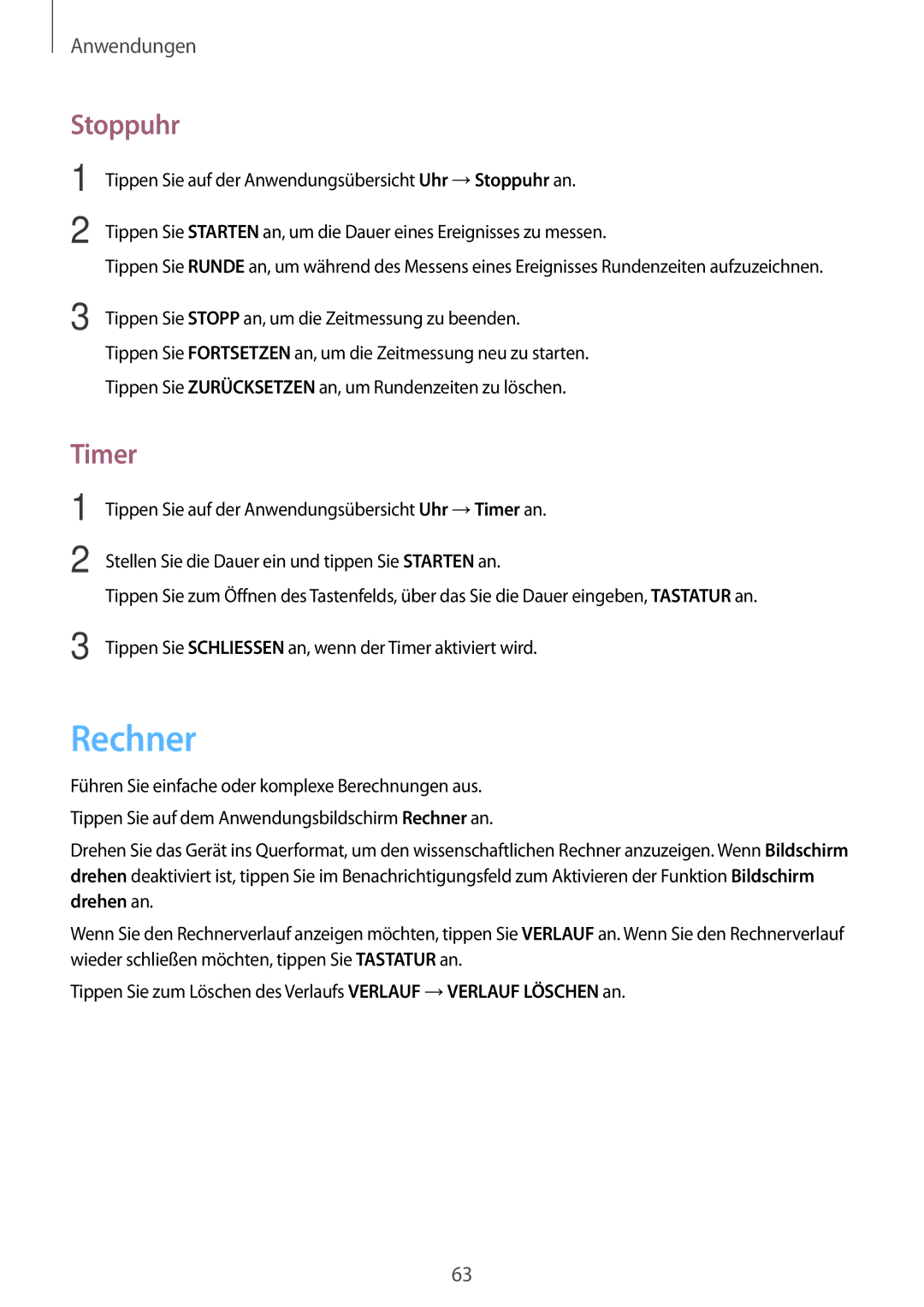 Samsung SM-J320FZKDDBT, SM-J320FZDDDBT, SM-J320FZWDDBT manual Rechner, Stoppuhr, Timer 