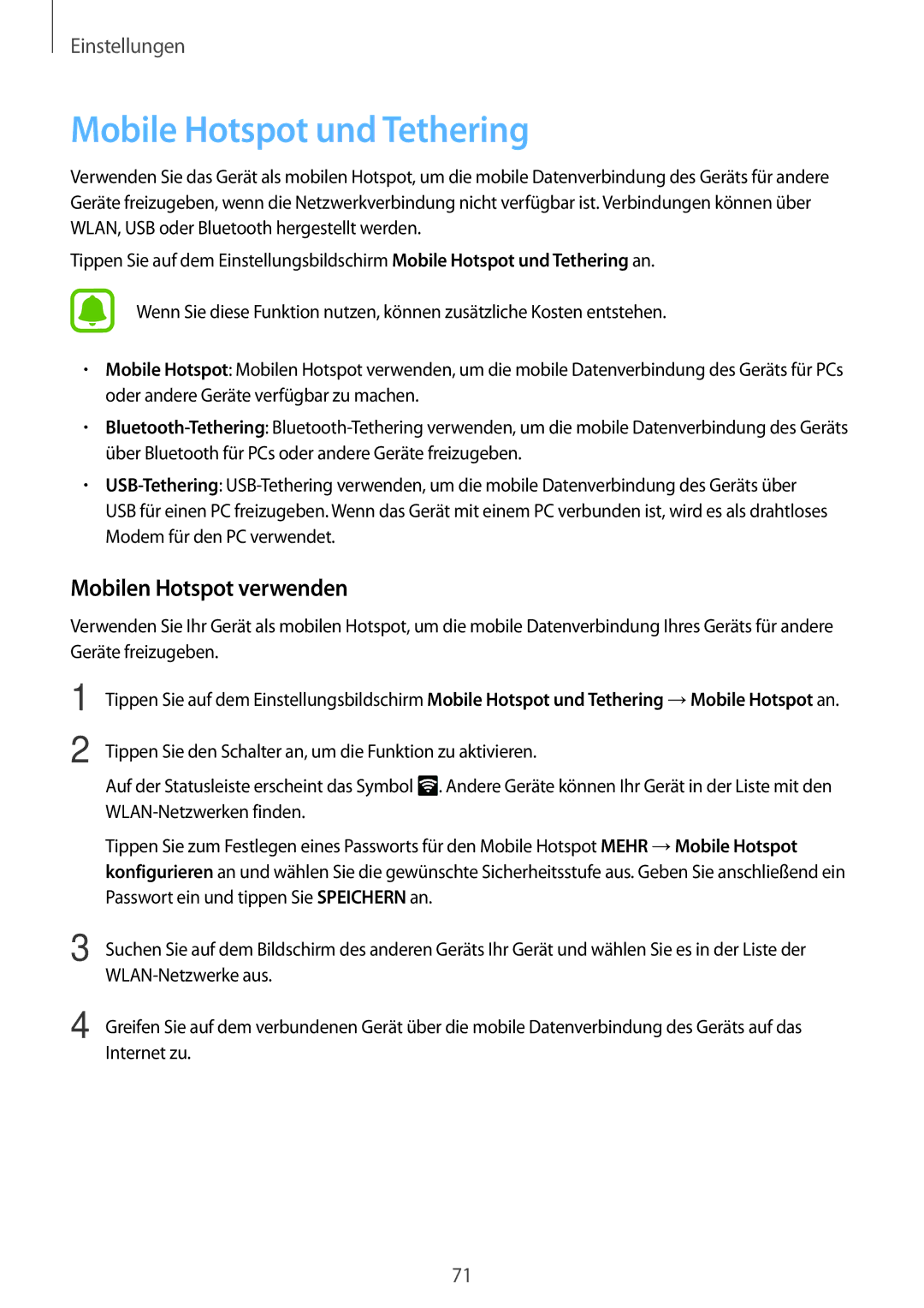 Samsung SM-J320FZWDDBT, SM-J320FZKDDBT, SM-J320FZDDDBT manual Mobile Hotspot und Tethering, Mobilen Hotspot verwenden 