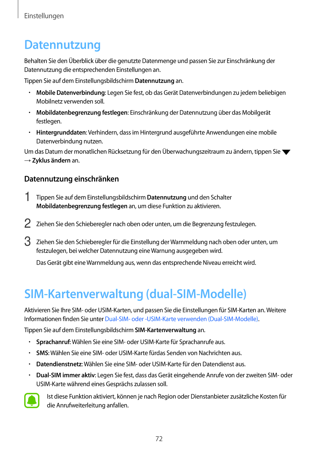 Samsung SM-J320FZKDDBT, SM-J320FZDDDBT, SM-J320FZWDDBT SIM-Kartenverwaltung dual-SIM-Modelle, Datennutzung einschränken 