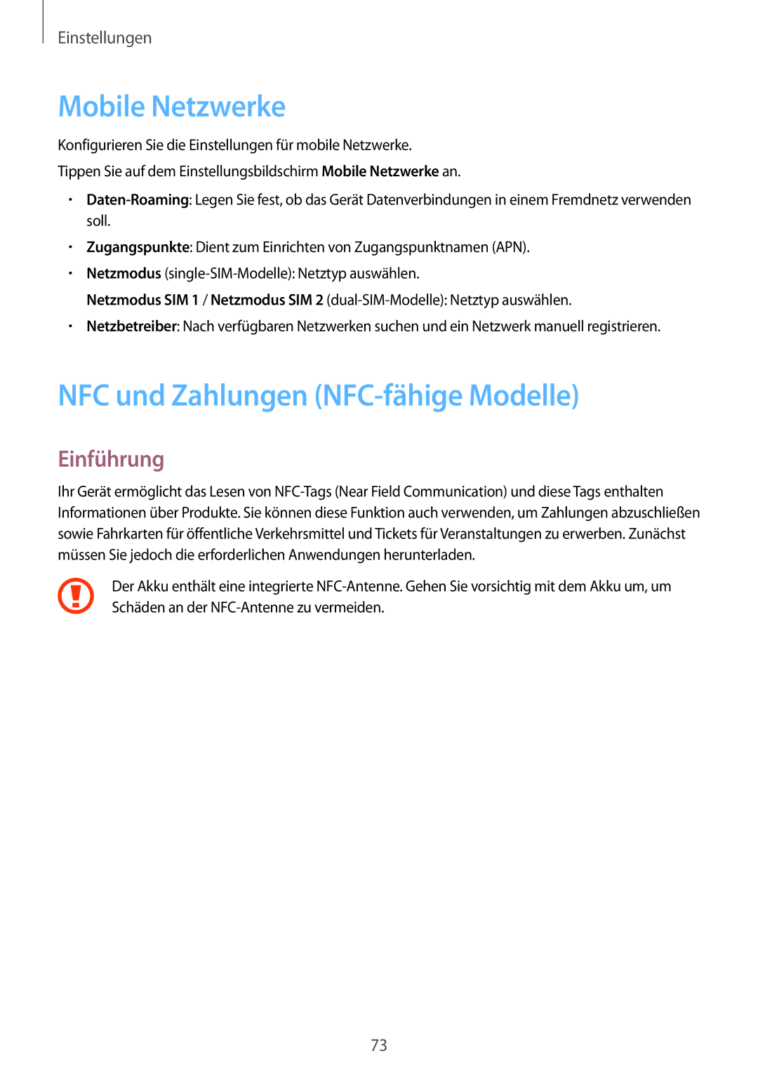 Samsung SM-J320FZDDDBT, SM-J320FZKDDBT, SM-J320FZWDDBT manual Mobile Netzwerke, NFC und Zahlungen NFC-fähige Modelle 