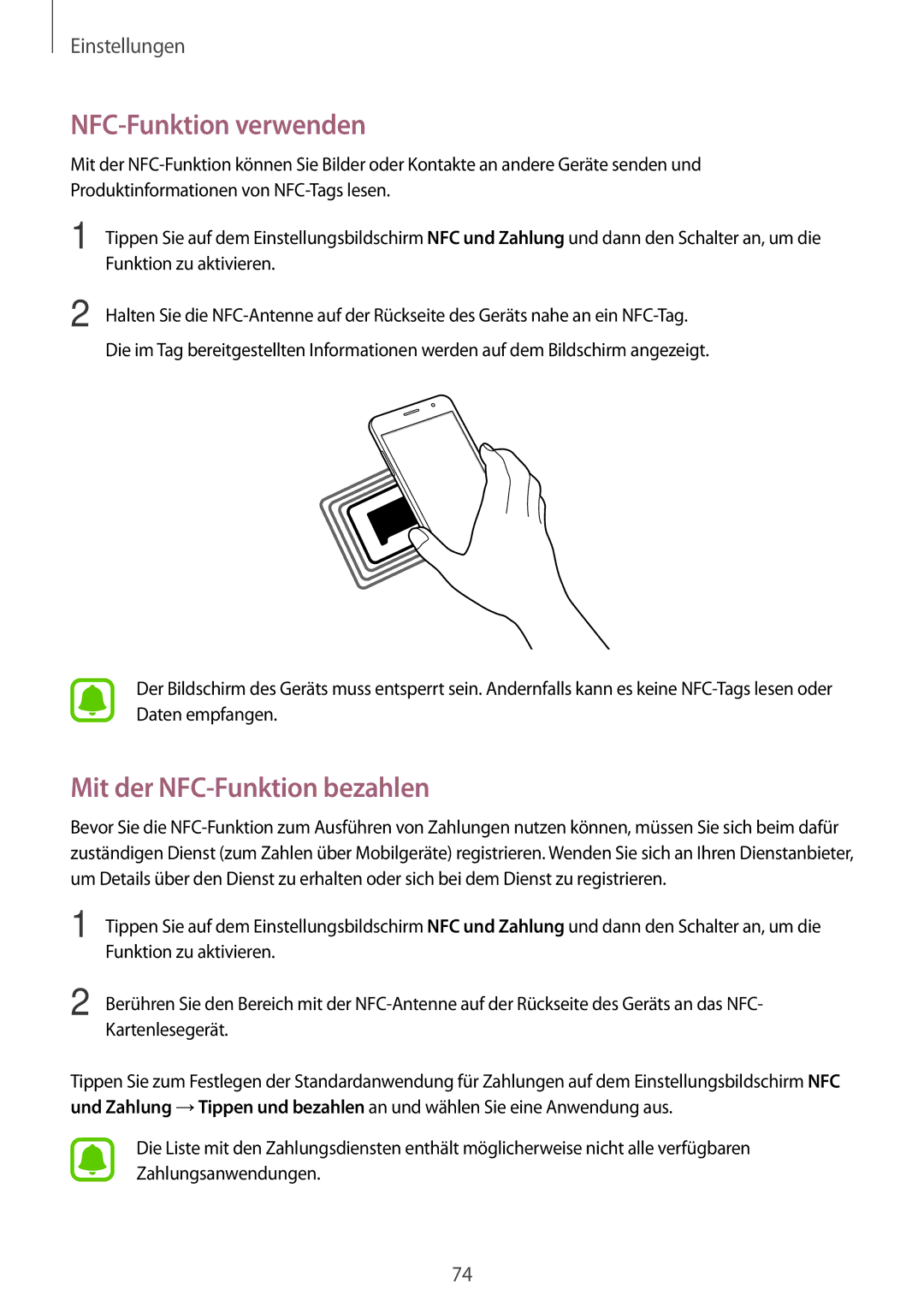 Samsung SM-J320FZWDDBT, SM-J320FZKDDBT, SM-J320FZDDDBT manual NFC-Funktion verwenden, Mit der NFC-Funktion bezahlen 