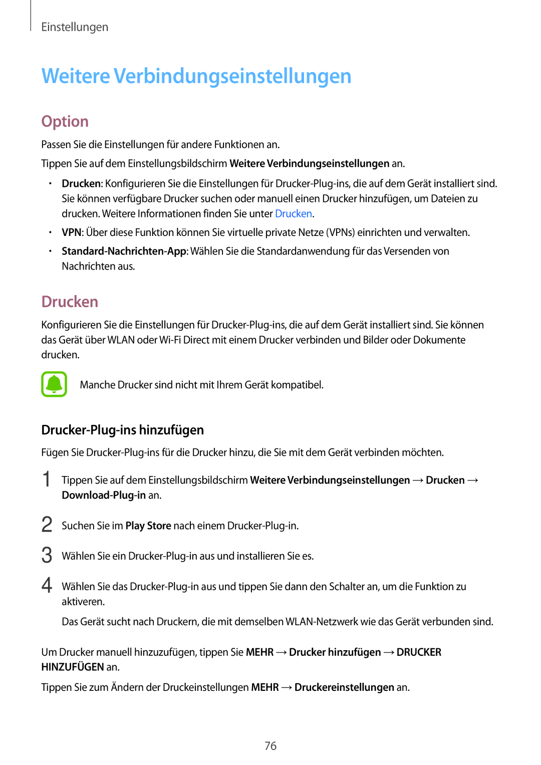 Samsung SM-J320FZDDDBT, SM-J320FZKDDBT manual Weitere Verbindungseinstellungen, Option, Drucken, Drucker-Plug-ins hinzufügen 