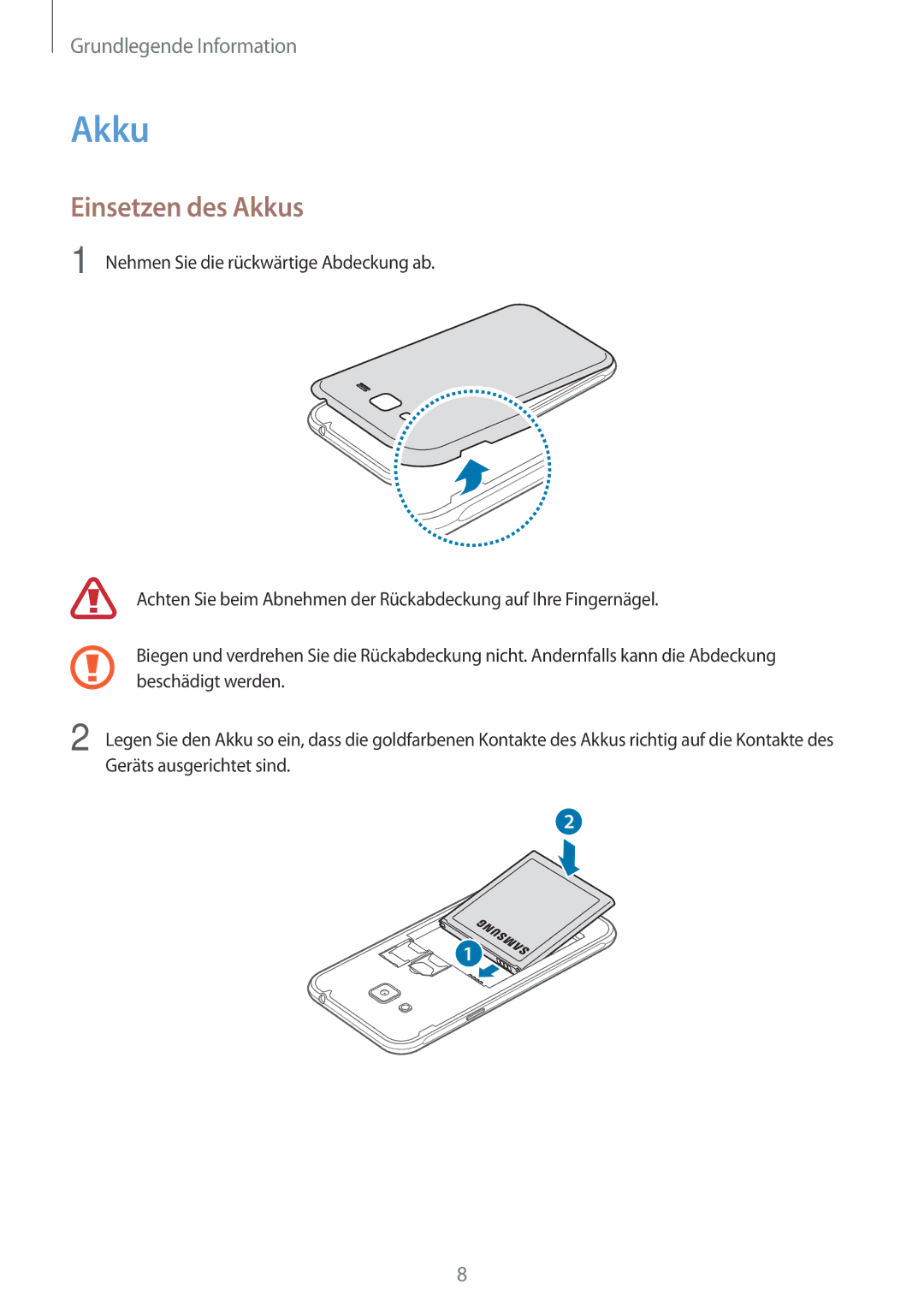 Samsung SM-J320FZWDDBT, SM-J320FZKDDBT, SM-J320FZDDDBT manual Einsetzen des Akkus 