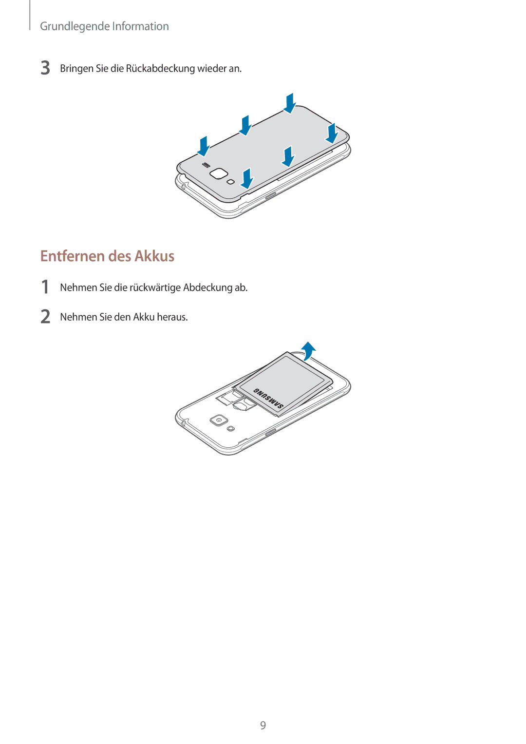 Samsung SM-J320FZKDDBT, SM-J320FZDDDBT, SM-J320FZWDDBT manual Entfernen des Akkus 