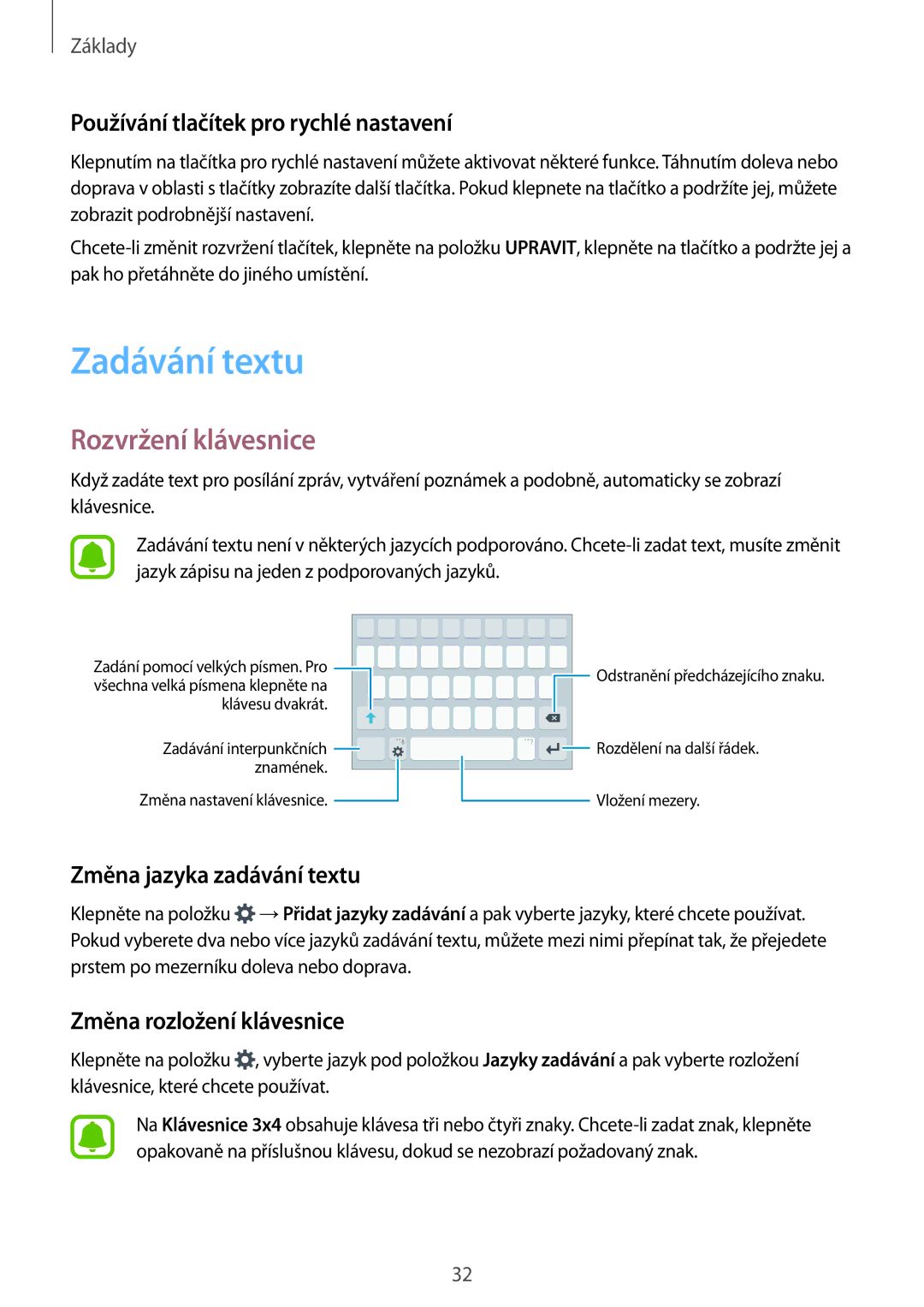 Samsung SM-J320FZKDETL, SM-J320FZKNO2C manual Zadávání textu, Rozvržení klávesnice, Používání tlačítek pro rychlé nastavení 