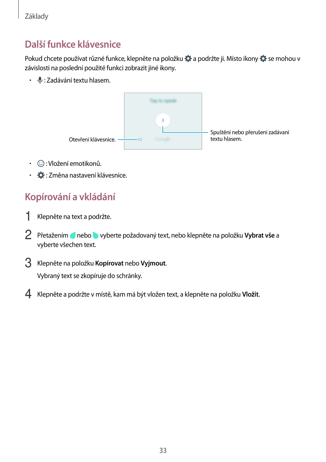 Samsung SM-J320FZKNO2C, SM-J320FZKDETL manual Další funkce klávesnice, Kopírování a vkládání 