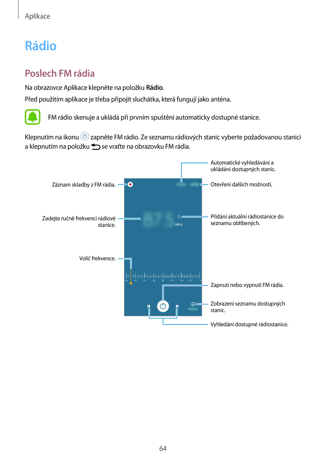 Samsung SM-J320FZKDETL, SM-J320FZKNO2C manual Rádio, Poslech FM rádia 