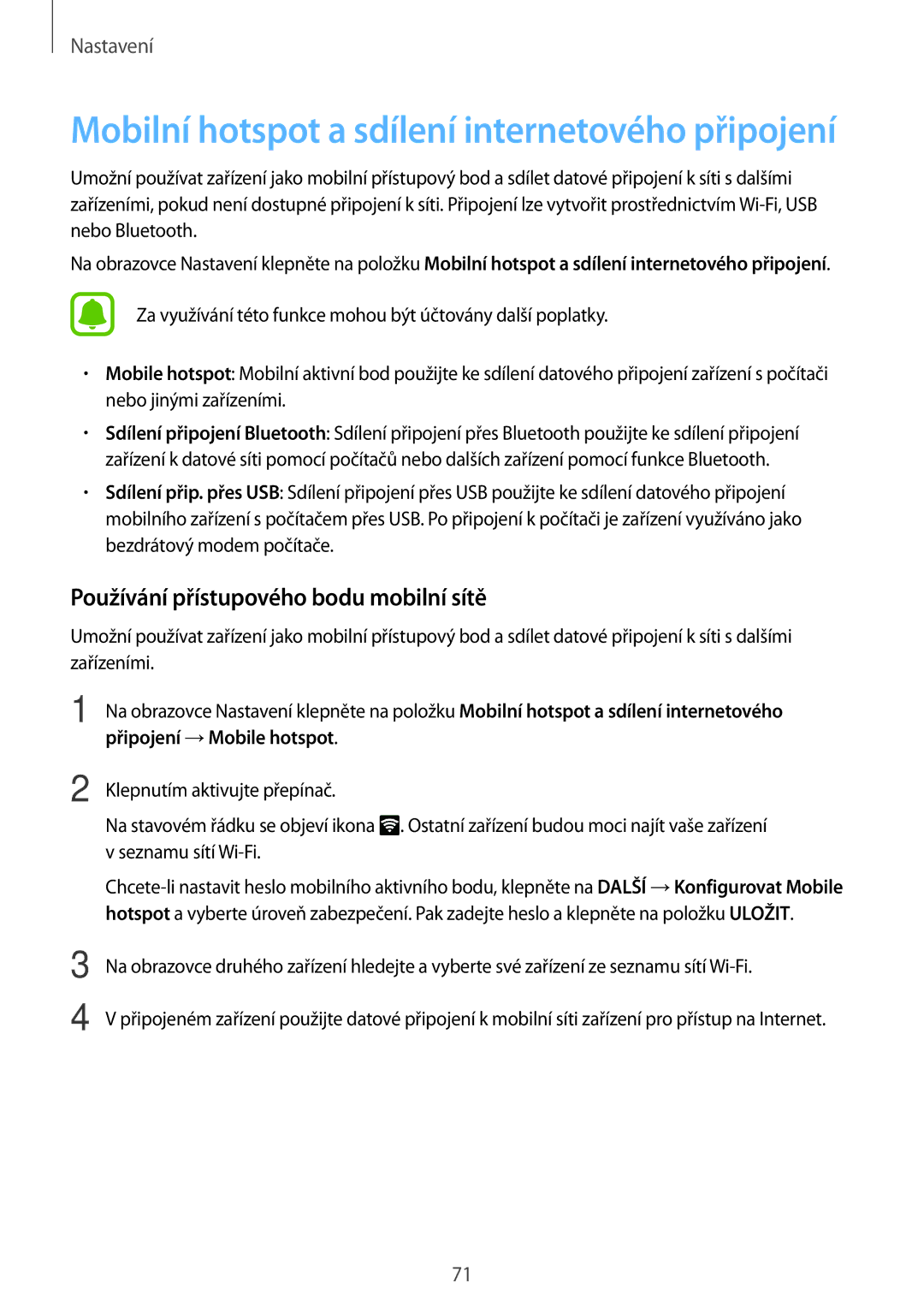 Samsung SM-J320FZKNO2C manual Mobilní hotspot a sdílení internetového připojení, Používání přístupového bodu mobilní sítě 