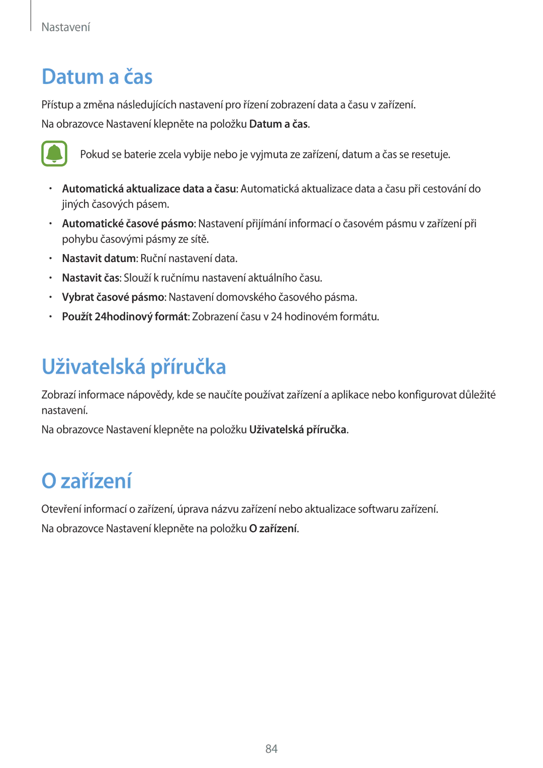 Samsung SM-J320FZKDETL, SM-J320FZKNO2C manual Datum a čas, Uživatelská příručka, Zařízení 