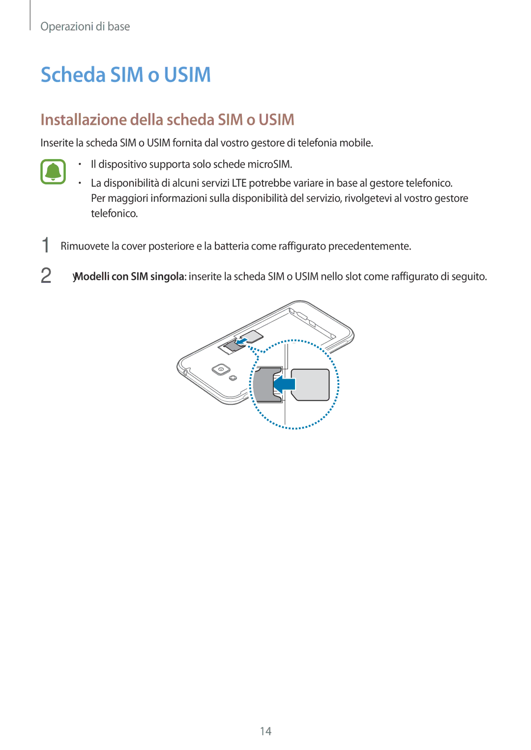 Samsung SM-J320FZWDITV, SM-J320FZKDITV, SM-J320FZWNITV manual Scheda SIM o Usim, Installazione della scheda SIM o Usim 