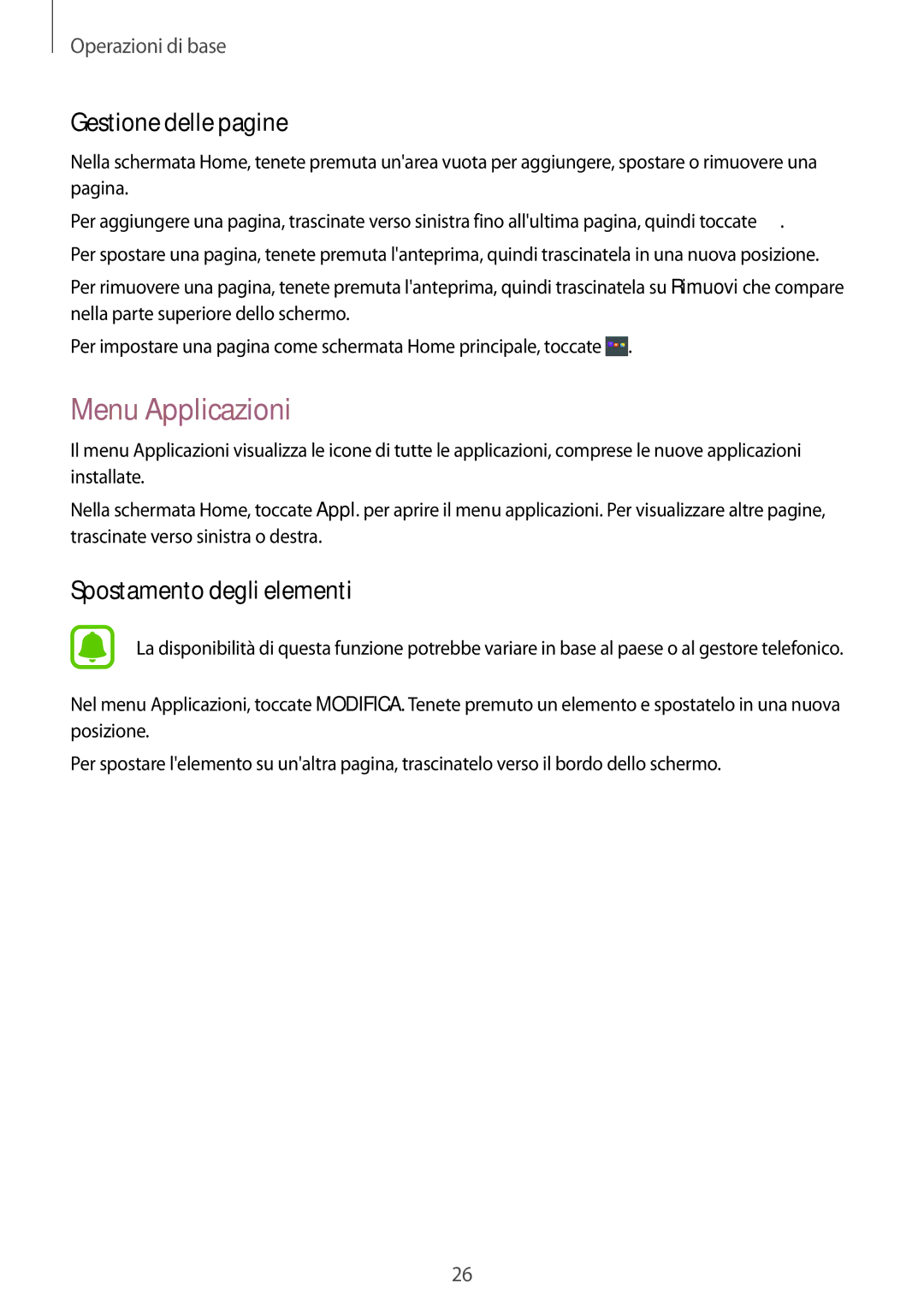Samsung SM-J320FZWDITV, SM-J320FZKDITV, SM-J320FZWNITV Menu Applicazioni, Gestione delle pagine, Spostamento degli elementi 