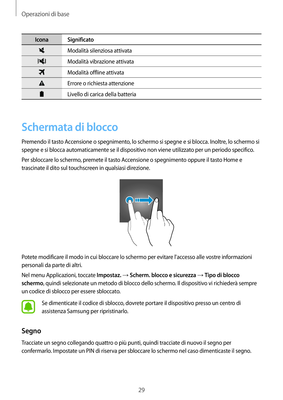 Samsung SM-J320FZDNITV, SM-J320FZKDITV, SM-J320FZWNITV, SM-J320FZWDITV, SM-J320FZDDITV manual Schermata di blocco, Segno 