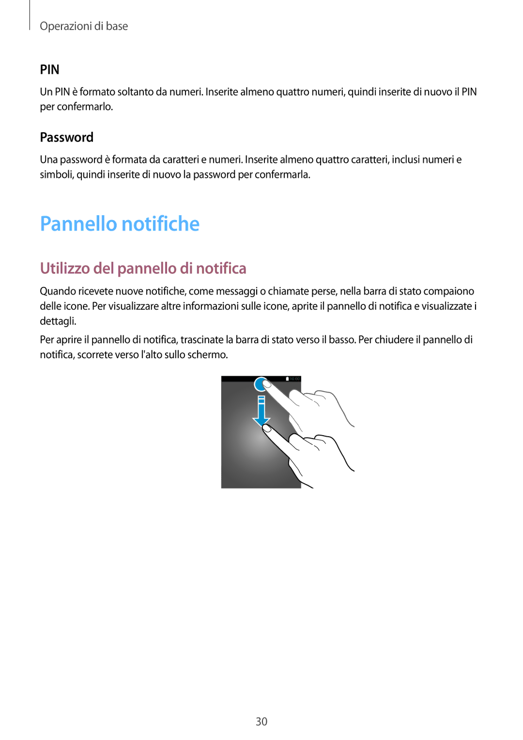 Samsung SM-J320FZKDITV, SM-J320FZWNITV, SM-J320FZWDITV manual Pannello notifiche, Utilizzo del pannello di notifica, Password 