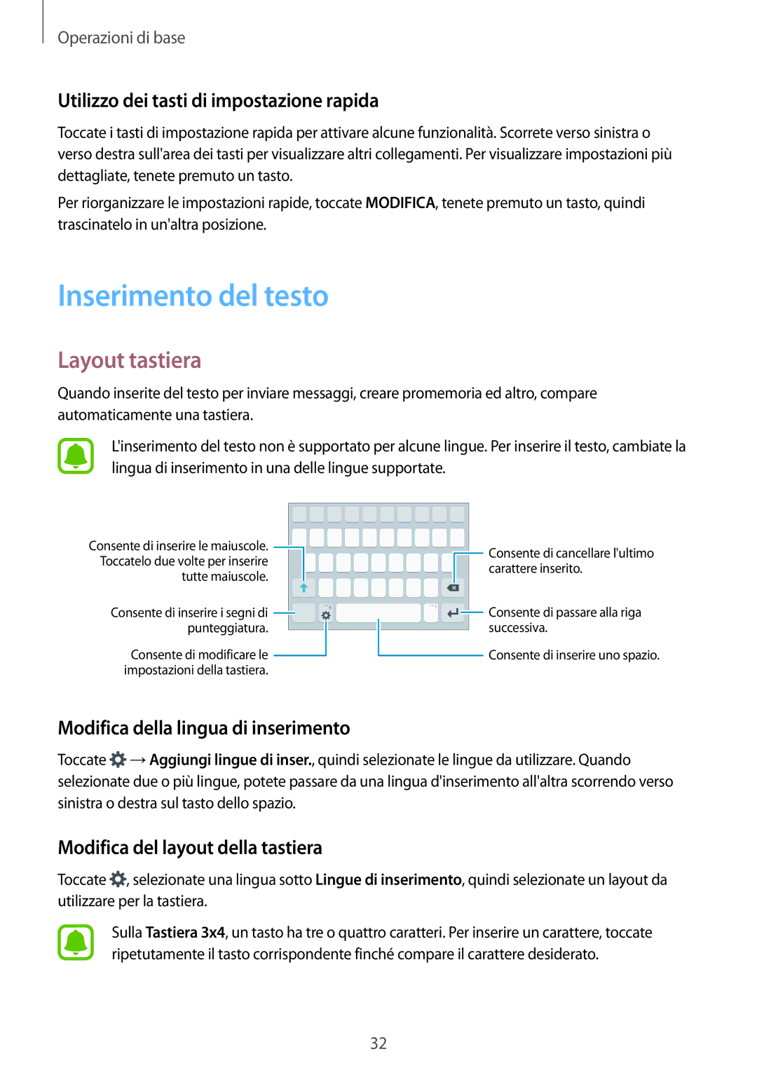 Samsung SM-J320FZWDITV, SM-J320FZKDITV Inserimento del testo, Layout tastiera, Utilizzo dei tasti di impostazione rapida 