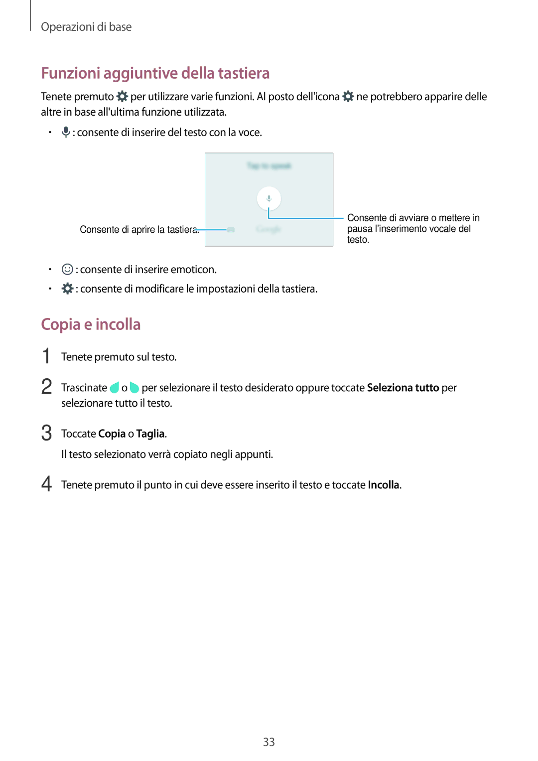 Samsung SM-J320FZDDITV, SM-J320FZKDITV manual Funzioni aggiuntive della tastiera, Copia e incolla, Toccate Copia o Taglia 