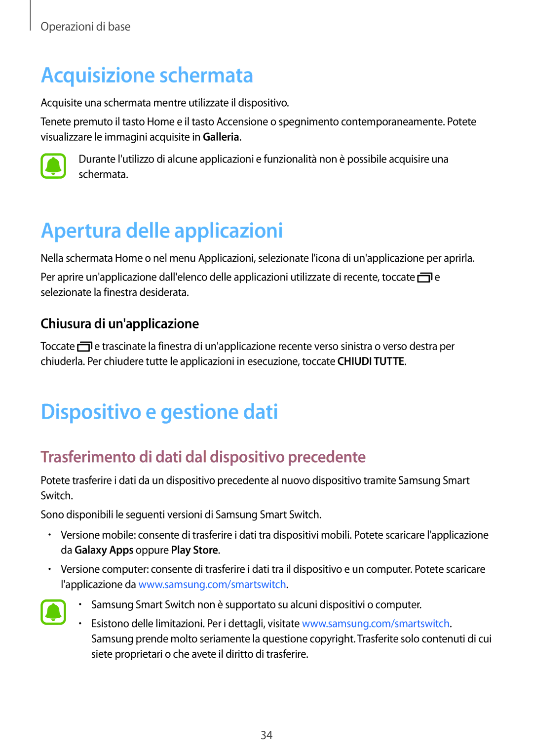 Samsung SM-J320FZKNITV, SM-J320FZKDITV Acquisizione schermata, Apertura delle applicazioni, Dispositivo e gestione dati 