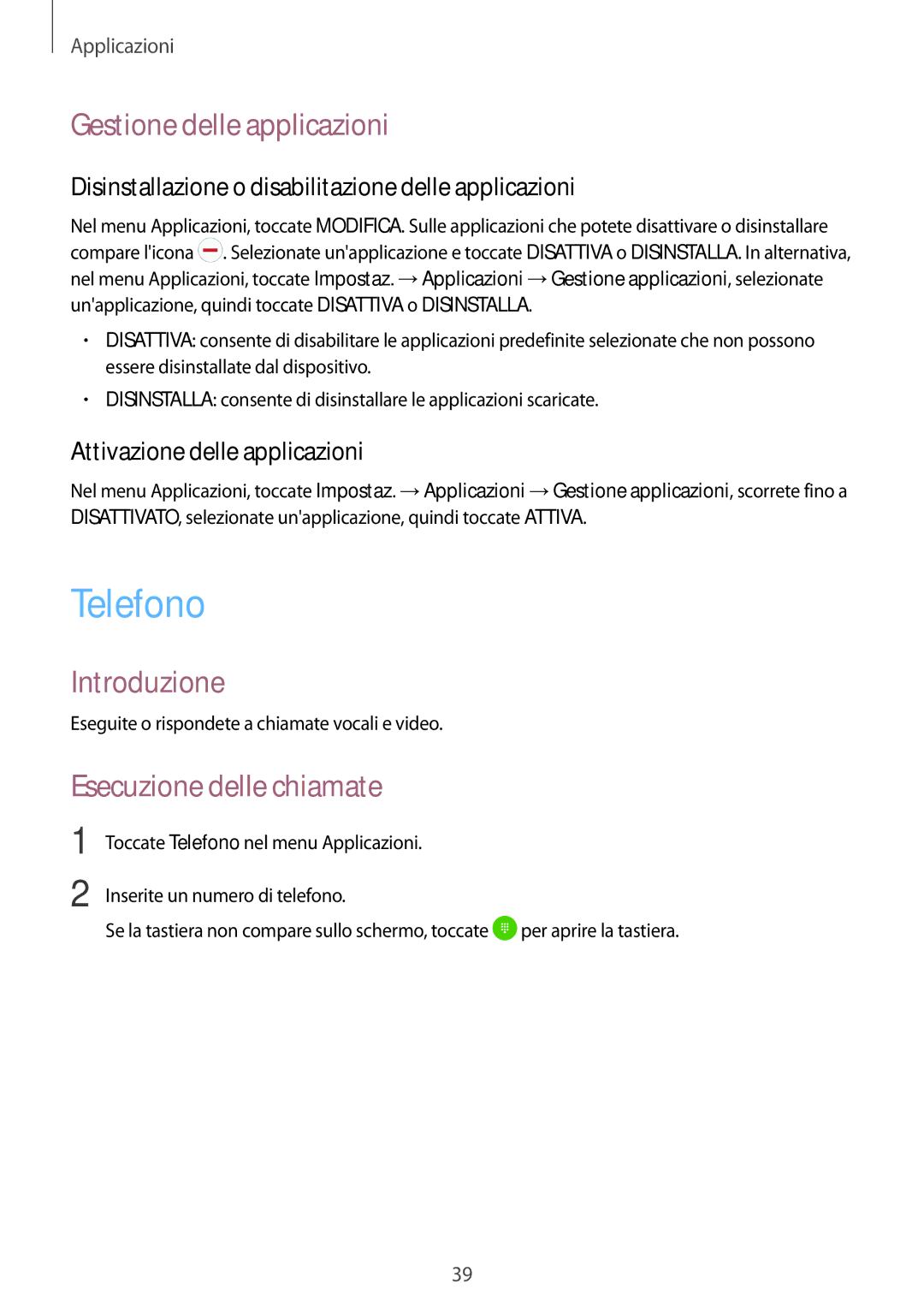 Samsung SM-J320FZDDITV, SM-J320FZKDITV manual Telefono, Gestione delle applicazioni, Introduzione, Esecuzione delle chiamate 