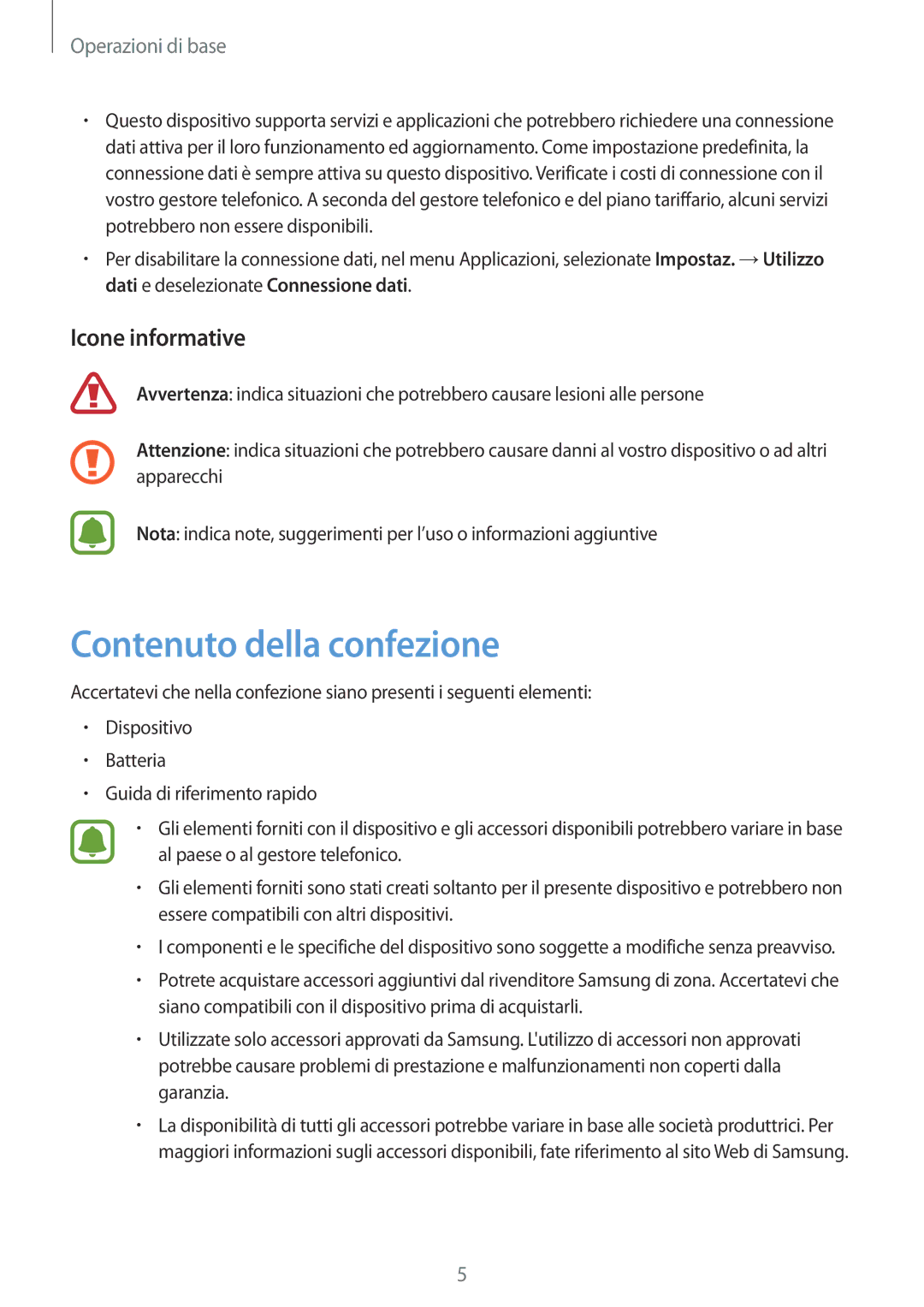 Samsung SM-J320FZDNITV, SM-J320FZKDITV, SM-J320FZWNITV, SM-J320FZWDITV manual Contenuto della confezione, Icone informative 