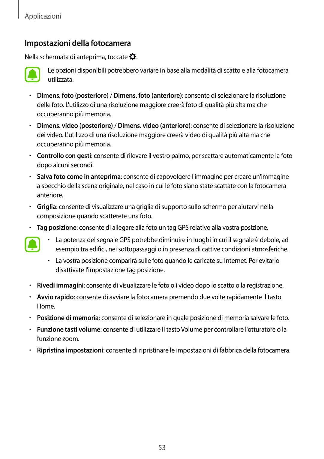 Samsung SM-J320FZDNITV, SM-J320FZKDITV, SM-J320FZWNITV, SM-J320FZWDITV, SM-J320FZDDITV manual Impostazioni della fotocamera 