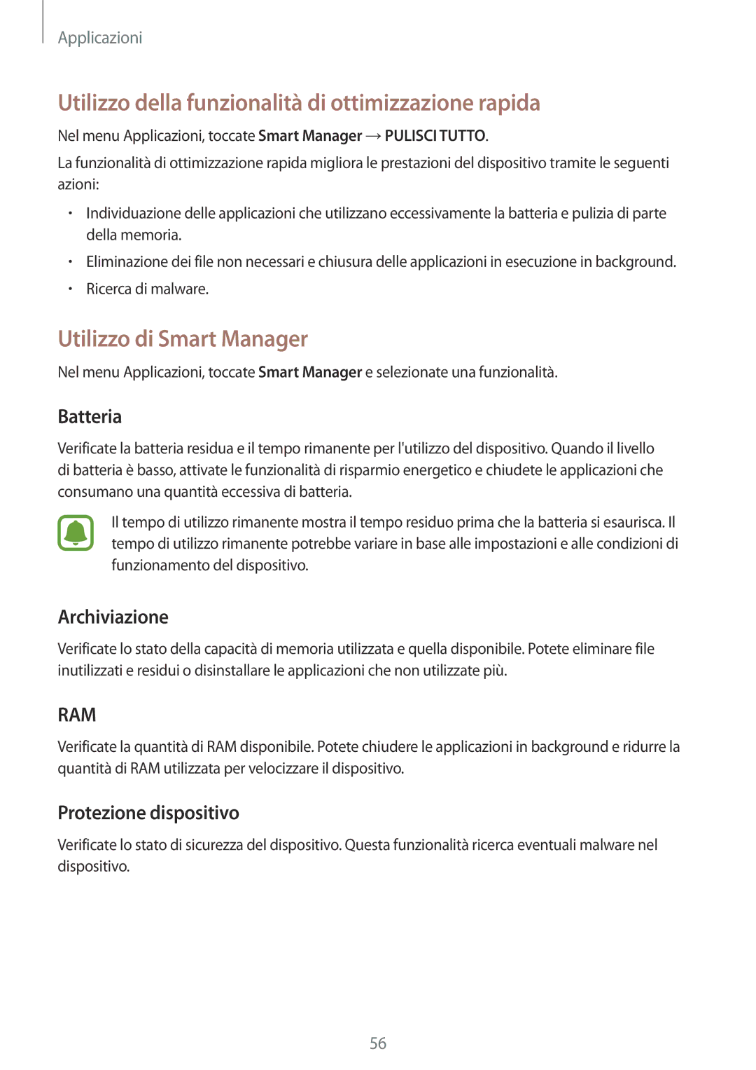 Samsung SM-J320FZWDITV manual Utilizzo della funzionalità di ottimizzazione rapida, Utilizzo di Smart Manager, Batteria 