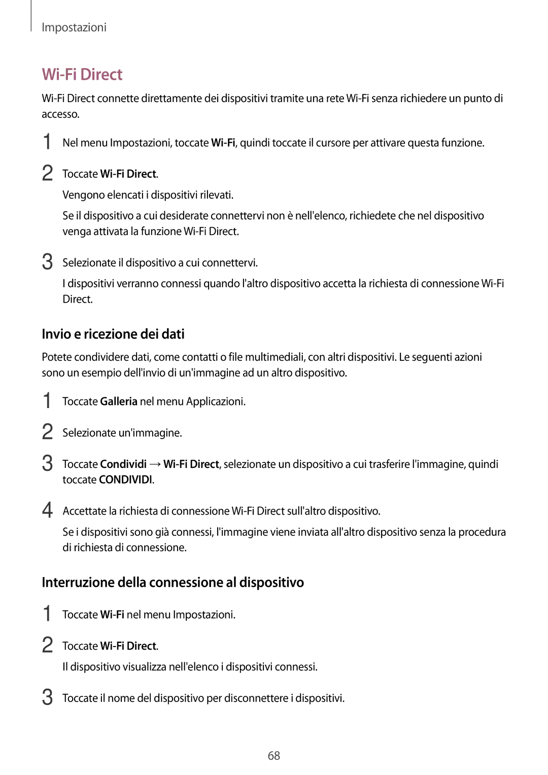 Samsung SM-J320FZWDITV manual Wi-Fi Direct, Invio e ricezione dei dati, Interruzione della connessione al dispositivo 