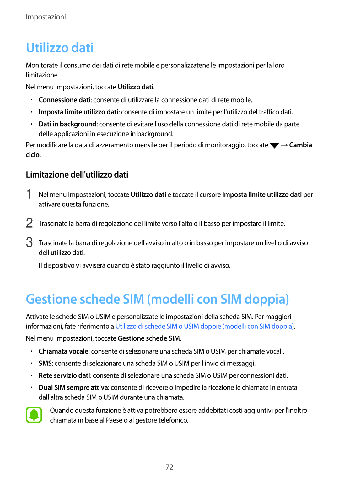 Samsung SM-J320FZKDITV manual Utilizzo dati, Gestione schede SIM modelli con SIM doppia, Limitazione dellutilizzo dati 