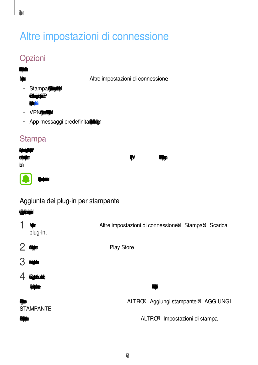 Samsung SM-J320FZKNITV manual Altre impostazioni di connessione, Opzioni, Stampa, Aggiunta dei plug-in per stampante 